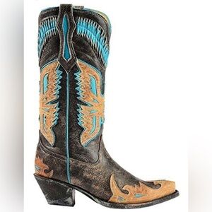 CORRAL Women's Brown Tan Turquoise Eagle Overlay Snip Toe Western Boots Size 8.5